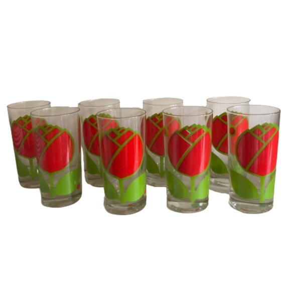 Set of 8 Eight Vintage MCM Colony Tulip Flower Olives Highball Drinking Glasses - Picture 3 of 11